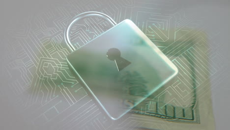 animación del circuito de integración y el candado de seguridad sobre el billete de dólar