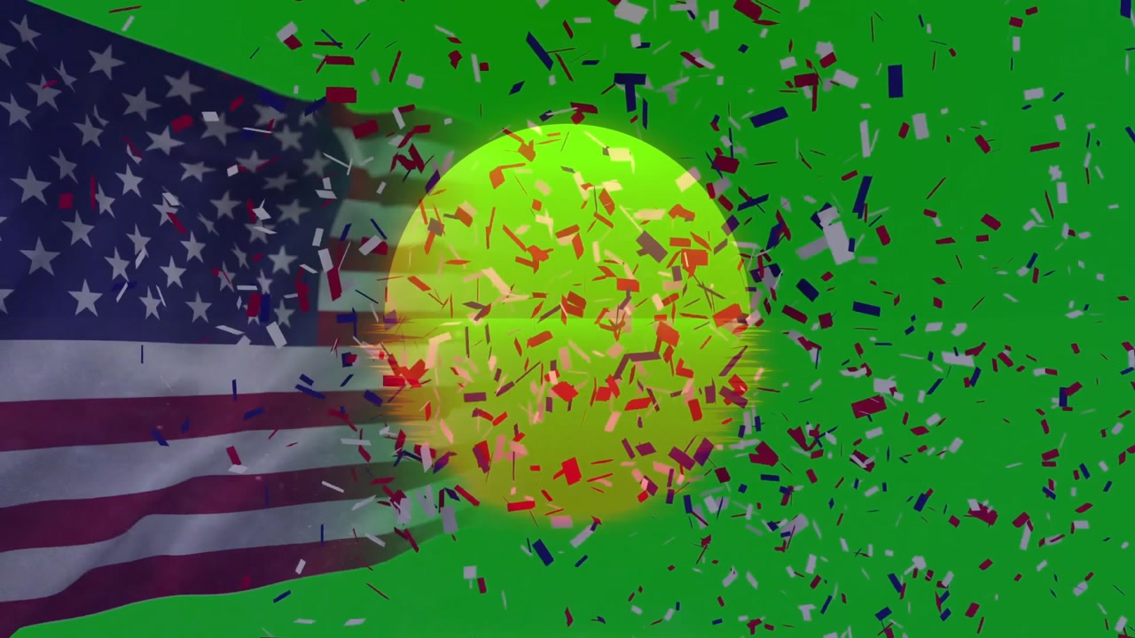 Bright green tennis ball spinning center in 3D illustration, US flag draping left, confetti falling