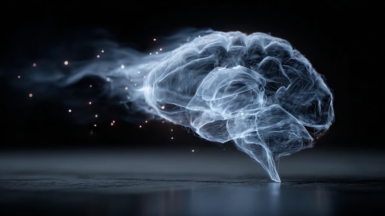 Una rappresentazione affascinante di un cervello circondato da scie di luce eteree, che illustra concetti di pensiero, ispirazione e chiarezza mentale in una forma visivamente sorprendente