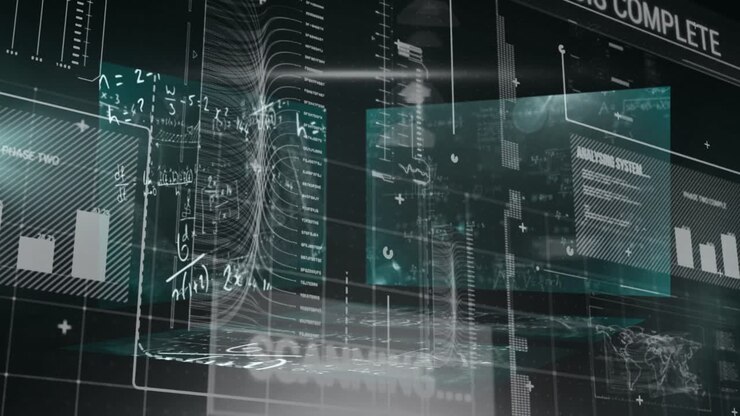 Animation of graphs, data and math formulas on black digital screen