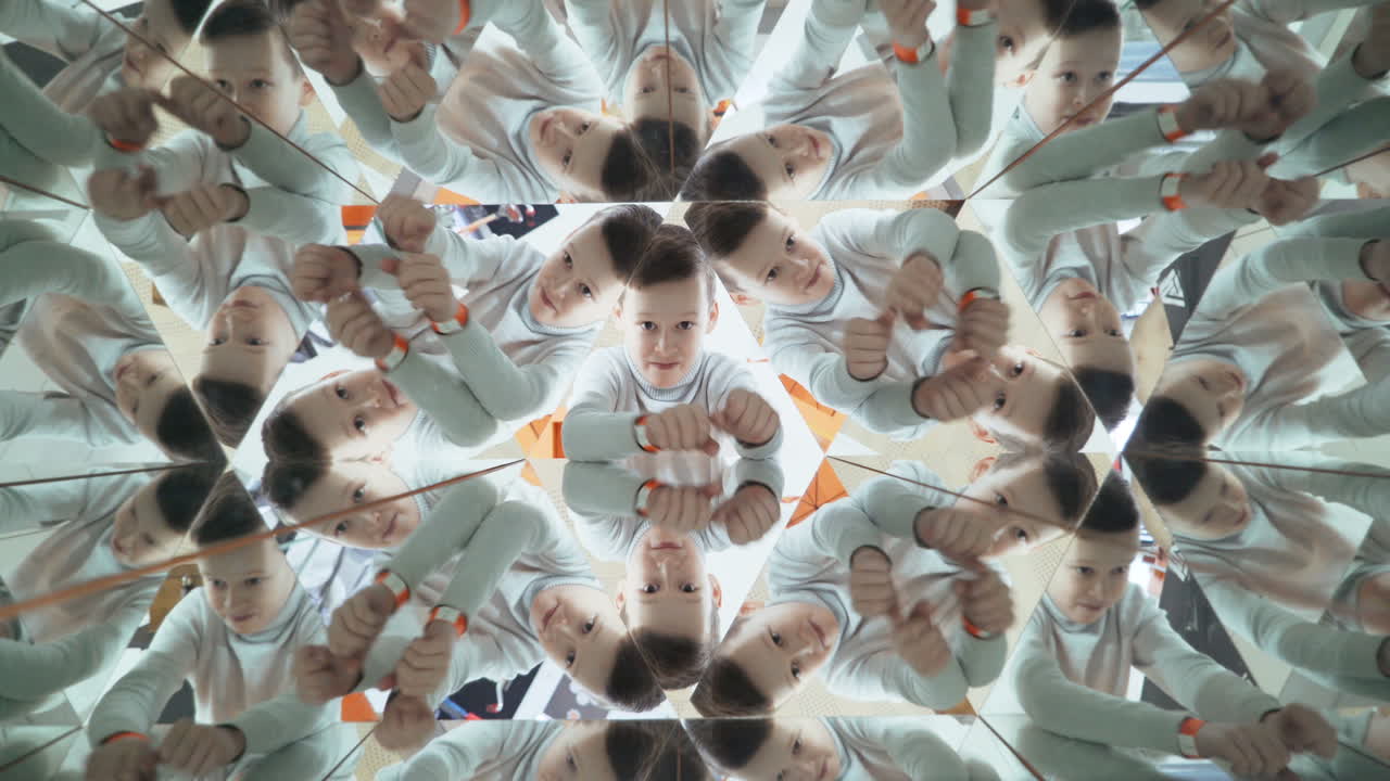 Child in a kaleidoscope tunnel. Glance into infinity