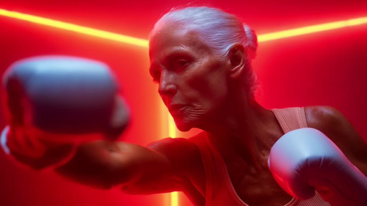 Aging Gracefully: A Portrait of Strength and Resilience in the Boxing Ring Featuring an Elderly Woman Unleashing Her Power in a Stunning Neon-Illuminated Environment