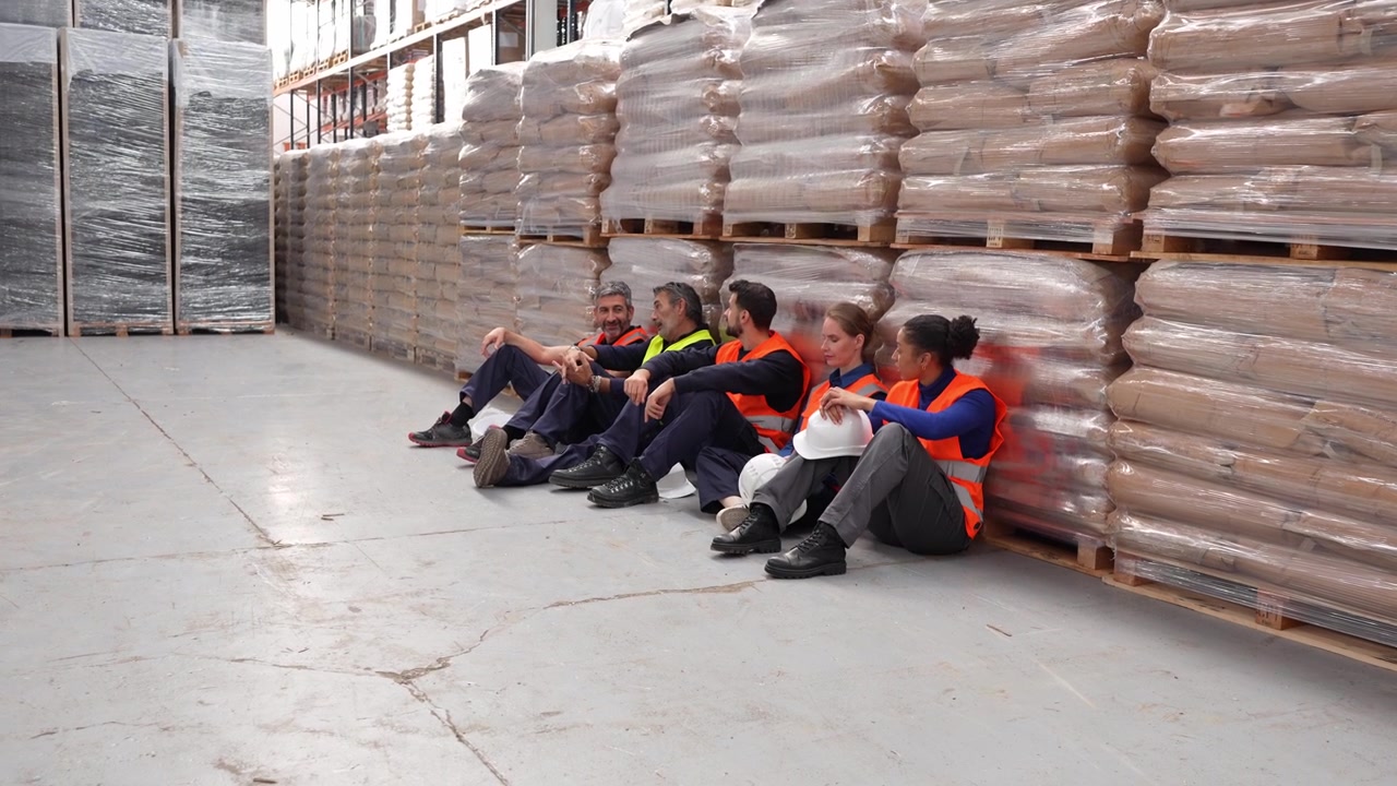Warehouse Workers Taking a Break Sitting on the Floor