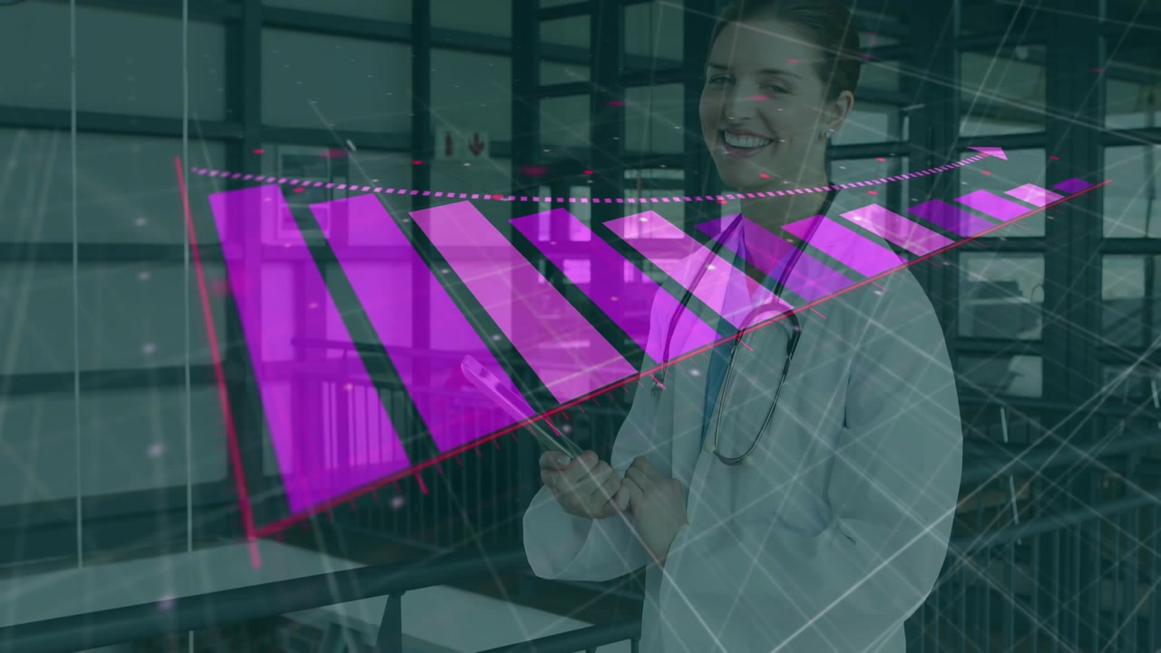 Female clinician tapping tablet, reviewing patient data while magenta 3D chart overlaying torso