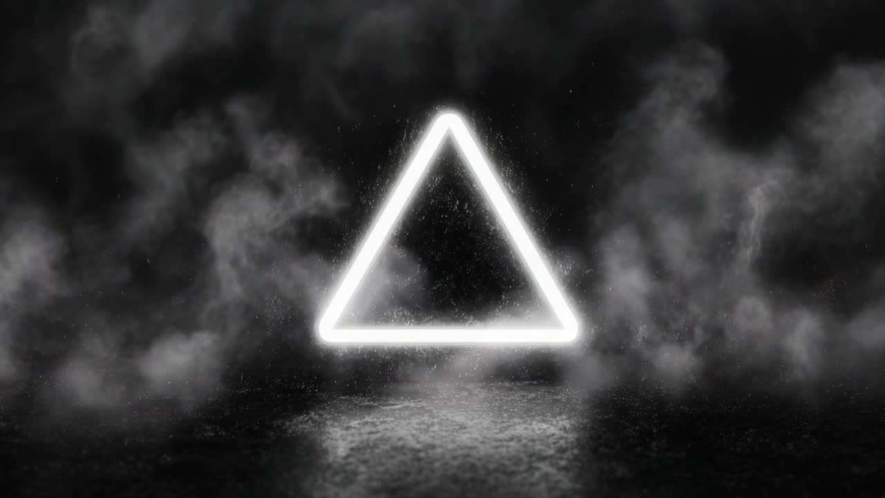 A Mystical Neon Triangle Illuminated Against a Shrouded Foggy Background, Creating an Enigmatic Atmosphere in a Darkened Environment
