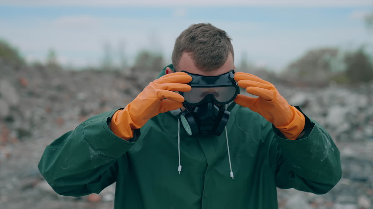 Apocalypse man with gas mask in ruins. Portrait of man in the gas masks and protective clothes on the ruined background