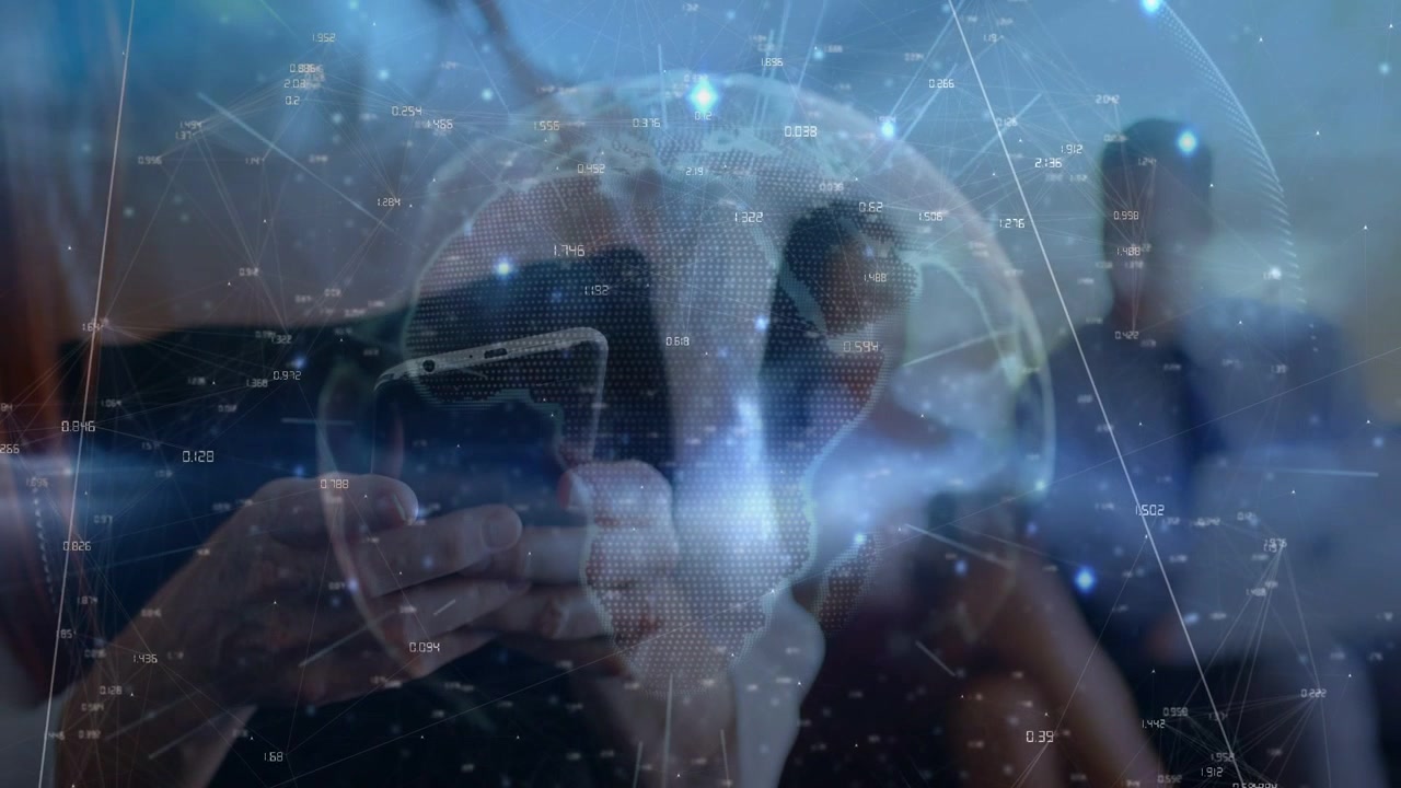 Vertical video: Hands holding phone swiping in room, causing holo layer showing tech data over team