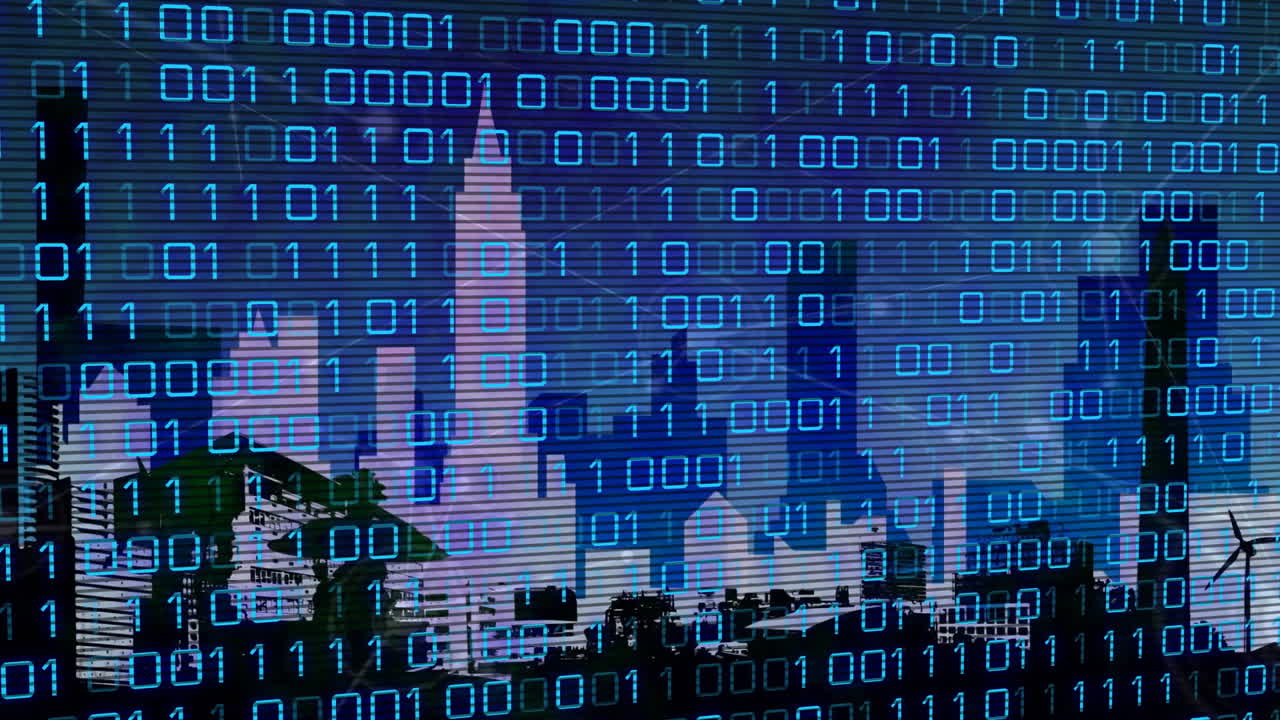 animación de codificación binaria, procesamiento de datos financieros sobre el paisaje urbano