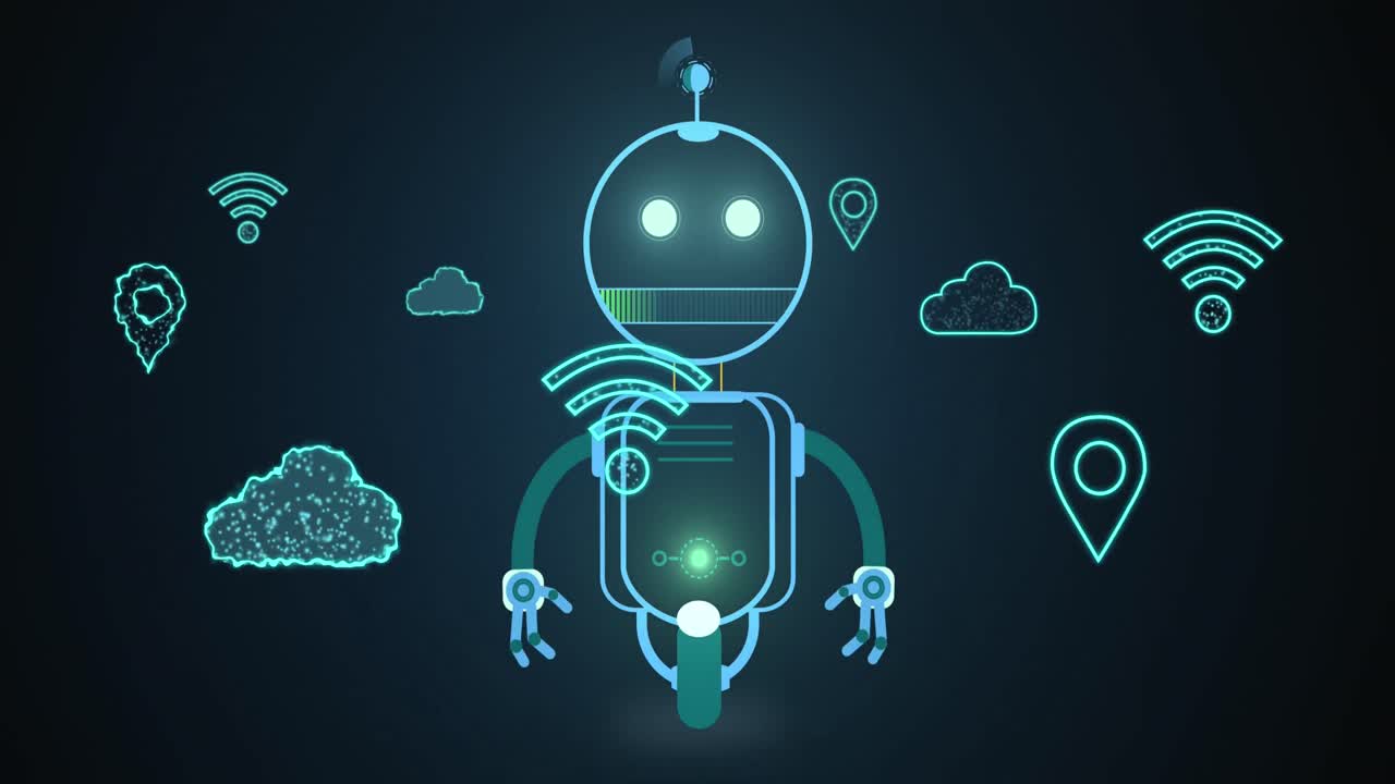 Animation of ai chatbot icon and digital cloud and wifi icons
