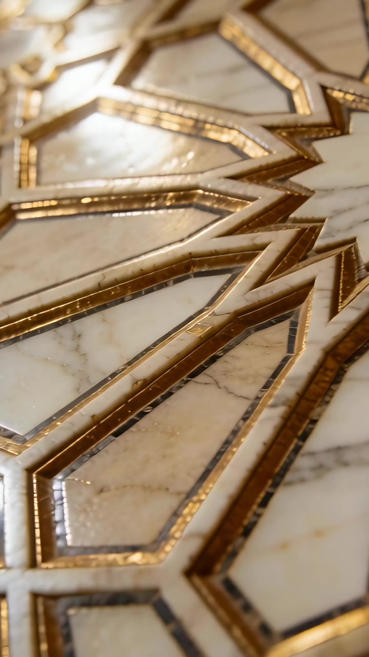 Vertical video: Panning marble mosaic on desk, camera shifting down right showing gold inlay veins