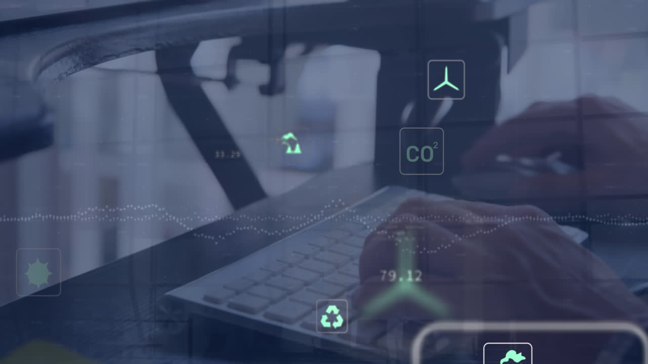 animación del procesamiento de datos financieros sobre el hombre caucásico usando computadora