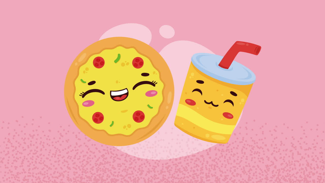pizza y bebida de kawaii