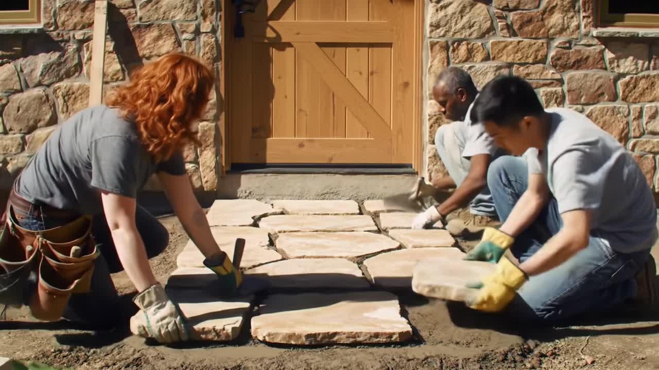 Together, three individuals are working to create a stone pathway at the entrance of a home. They carefully place each large stone in position for a well-designed walkway.