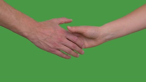 handshake male and female hands business meeting isolated on green background alpha channel, keyed green screen