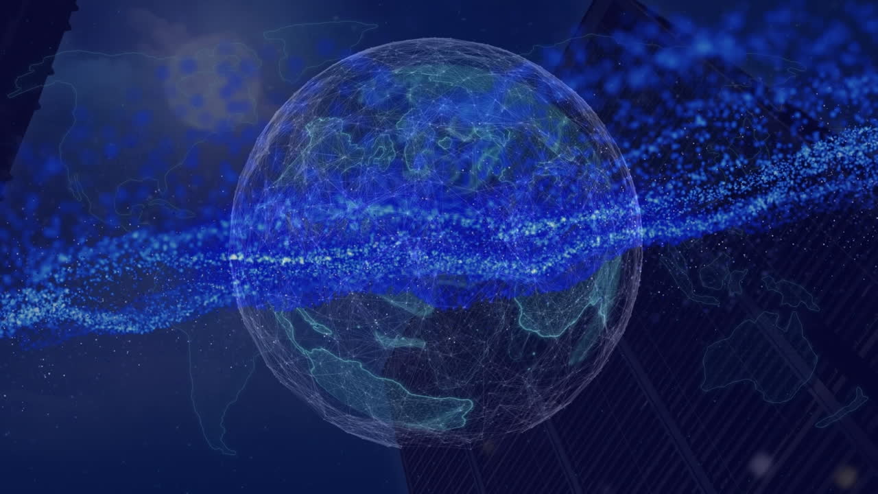 회전하는 지구 위에 파란색 반 ⁇ 이는 애니메이션