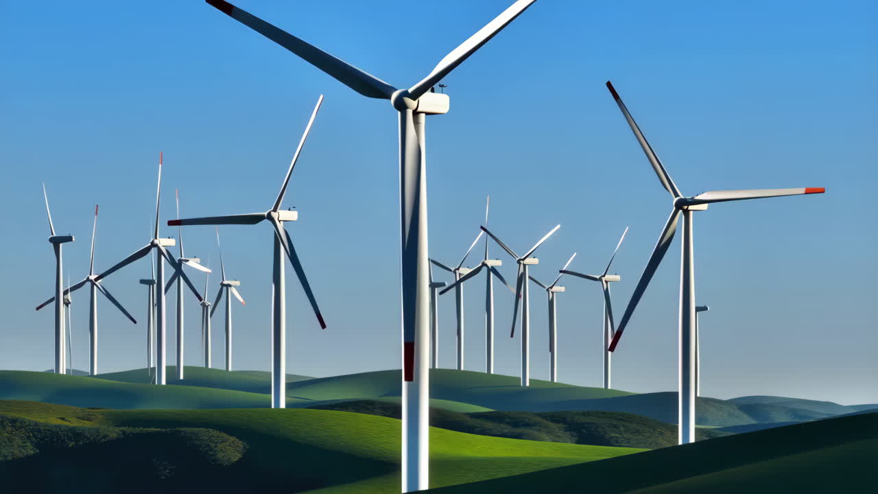 Wind Farm with Turbines on Green Hills Under Blue Sky