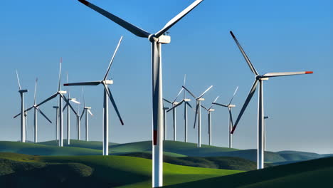 wind farm with turbines on green hills under blue sky