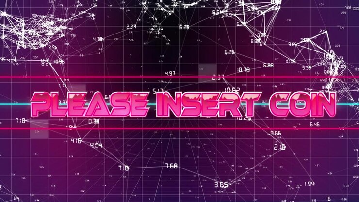 Animation of please insert coin text over network of connections on black background