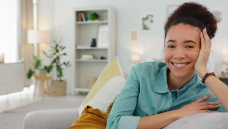 Woman,-sofa-and-face-with-smile