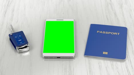 car key, passport and smartphone