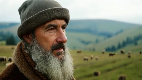 a man with a beard looks out over a field of sheep in the mountains