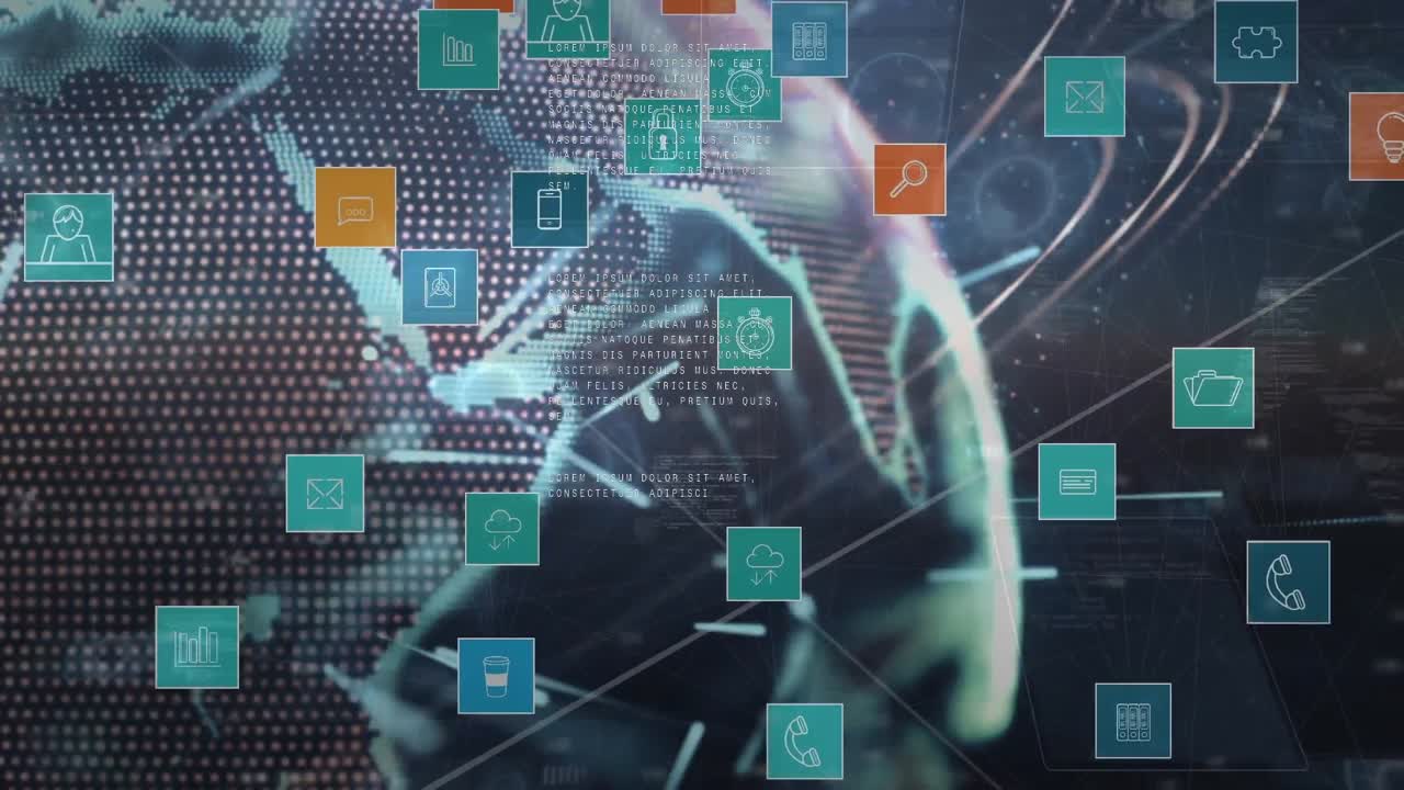 animación de iconos sobre el procesamiento de datos y el globo