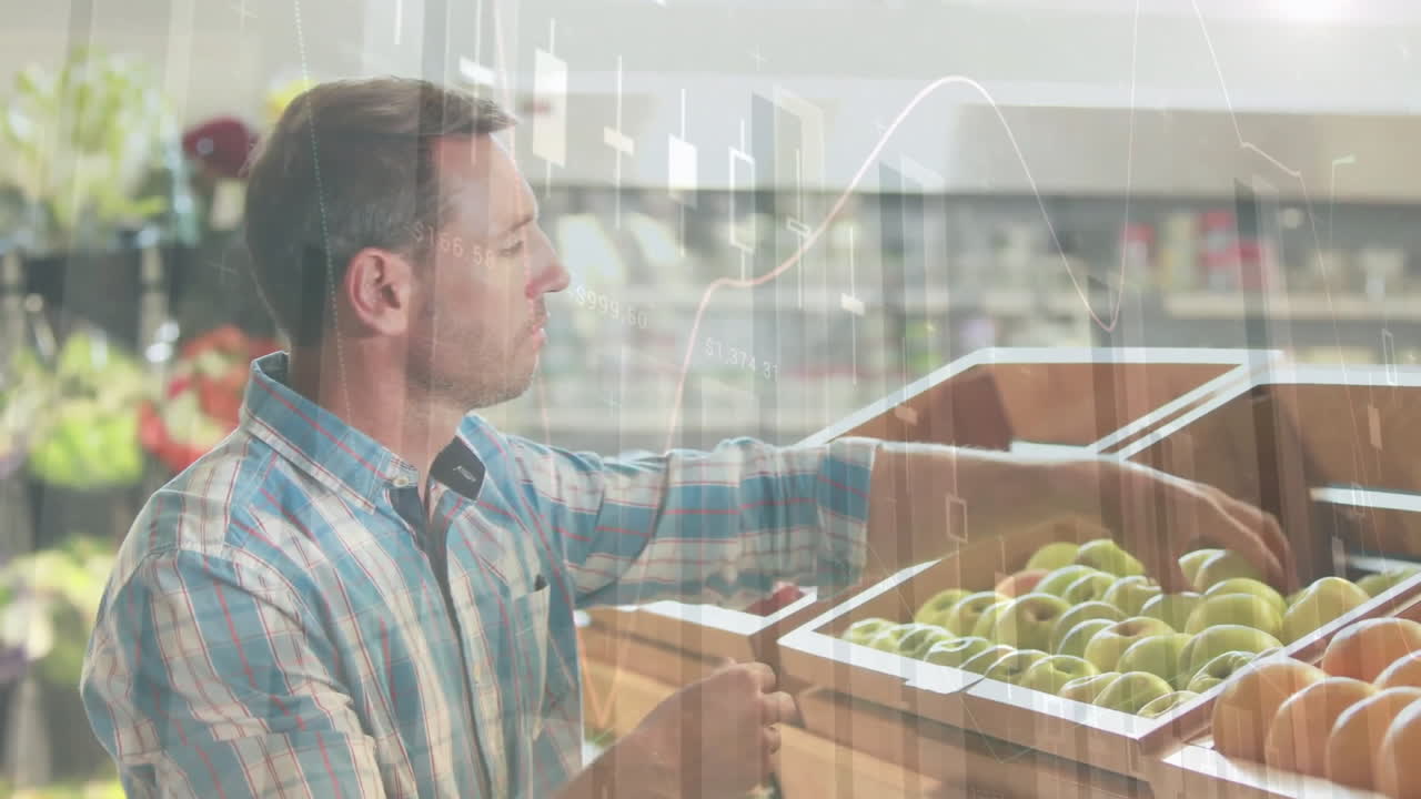 식료품 가게에서 쇼핑하는 백인 남성에 대한 금융 데이터 처리의 애니메이션