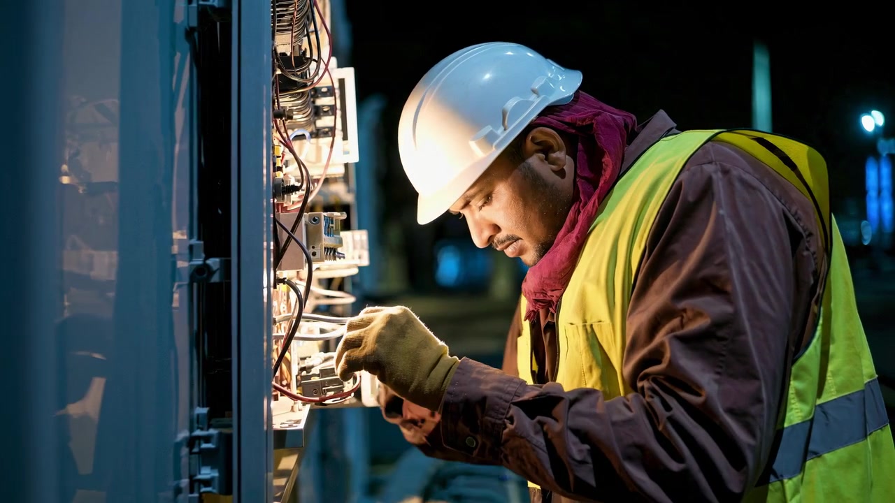 Electrician Working on Electrical Panel at Night
