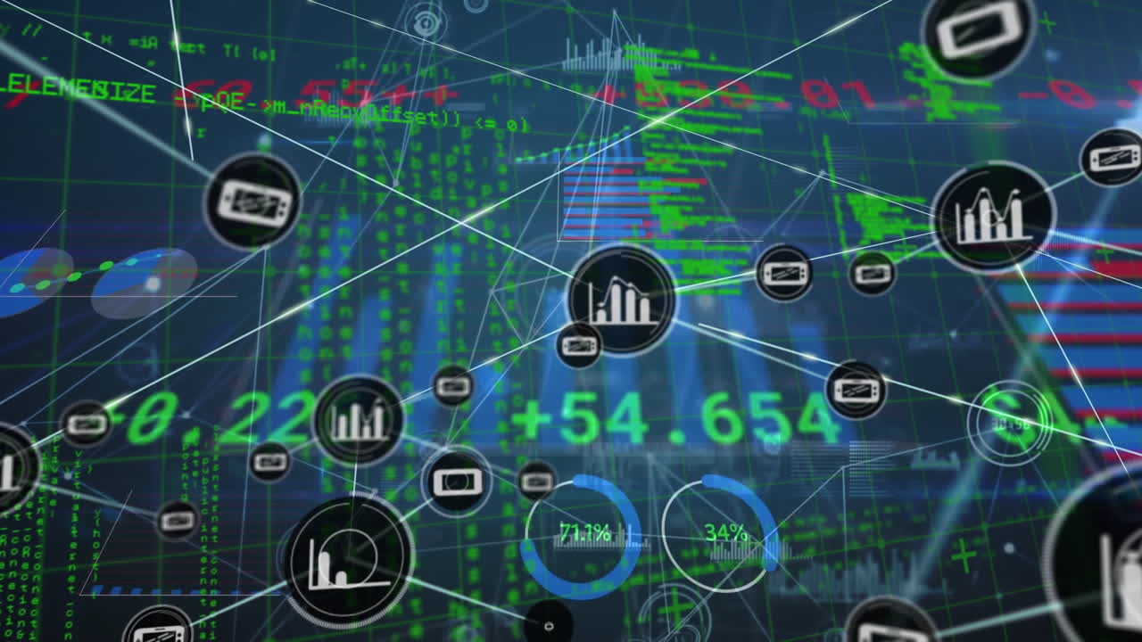 어두운 배경에서 아이콘과 데이터 처리와 연결의 애니메이션