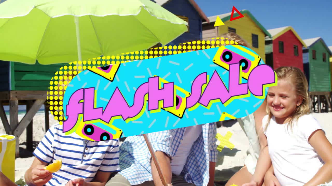 Flash sale text animation over family enjoying sunny day at colorful beach huts