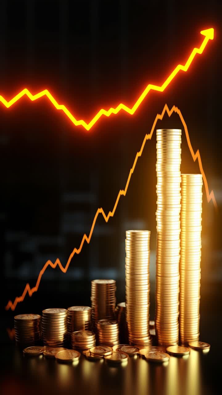 Low-angle shot of stacked coins with a glowing graph line, symbolizing financial growth