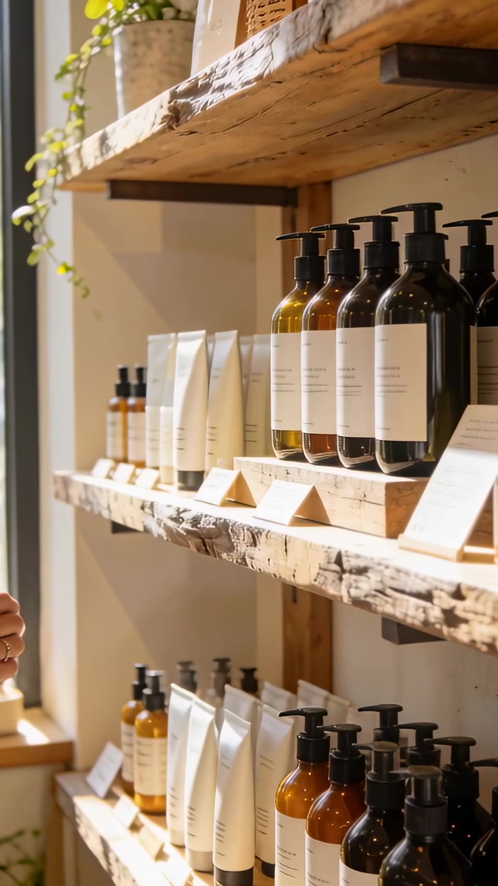 Vertical video: Camera shifting left showing hand inspecting shelves choosing amber bottles in shop