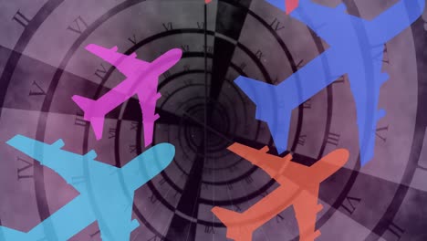 Animation-Von-Flugzeugsymbolen-über-Einer-Spirale-Auf-Grauem-Hintergrund