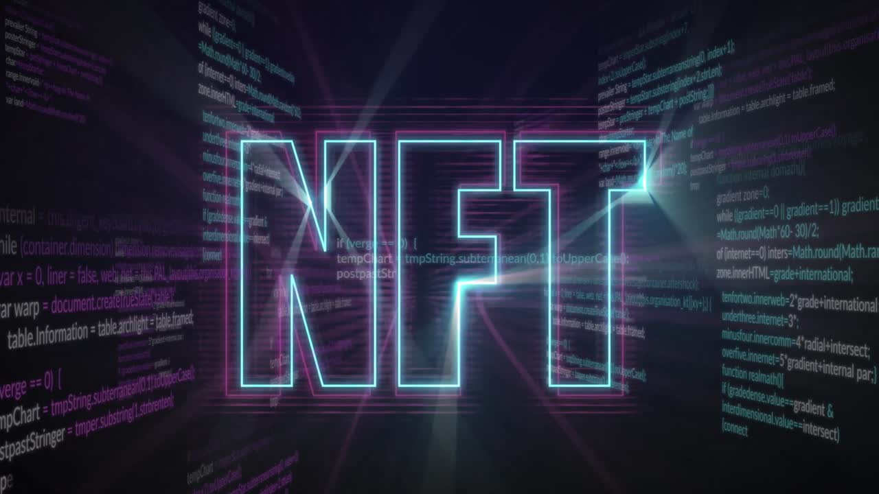 animación digital de banner de texto de neón nft contra el procesamiento de datos en fondo negro