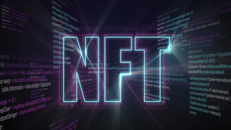 digital animation of neon nft text banner against data processing on black background