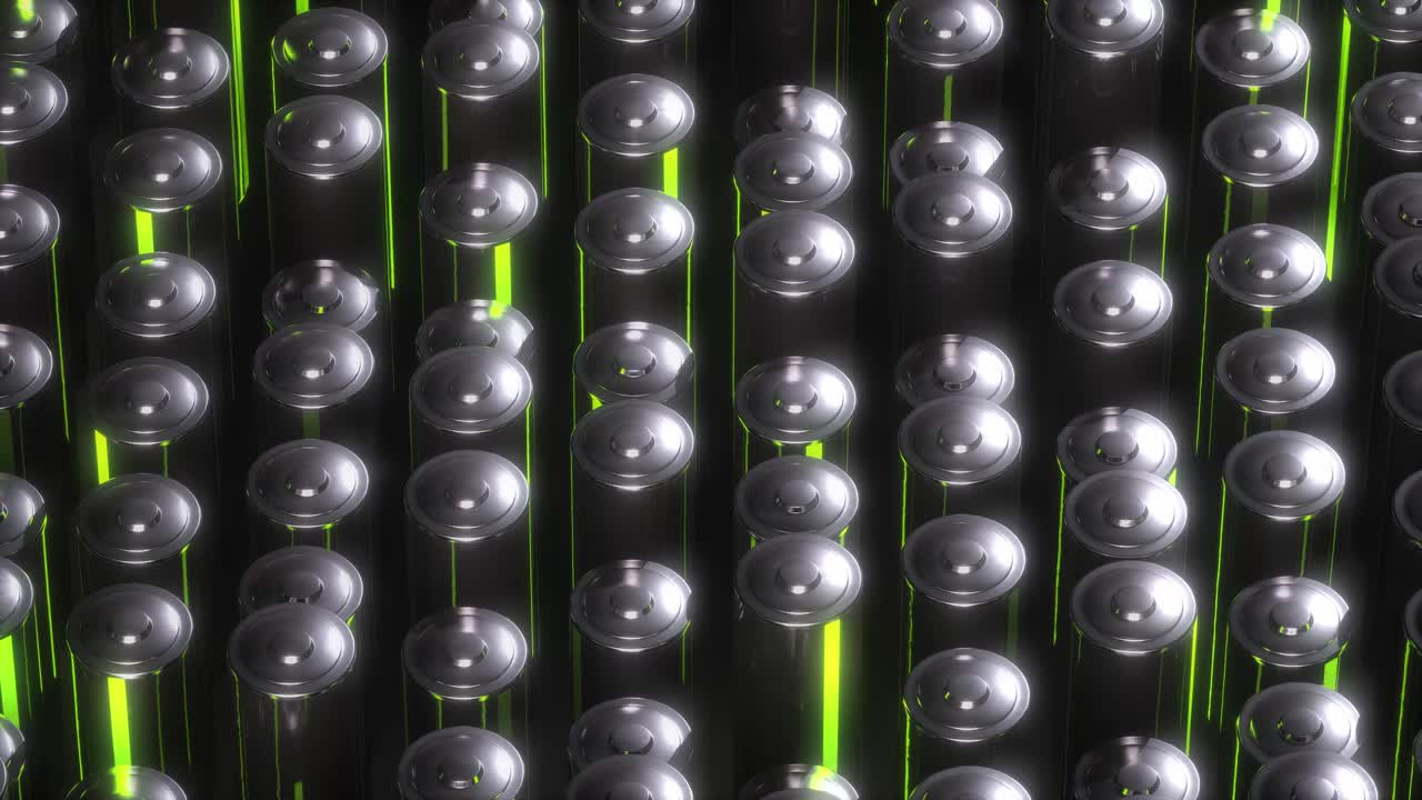 미래의 네온 색의 배경 애니메이션. 녹색 에너지를 가진 많은 배터리