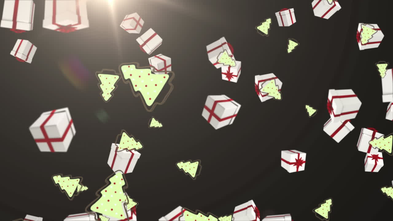 animación digital de múltiples iconos de árboles de navidad y cajas de regalos cayendo contra un punto brillante de luz