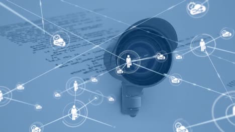 animation of network of connections over numbers and cctv camera