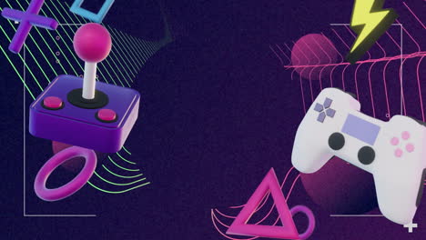 joystick and game controller with geometric shapes animation on dark background