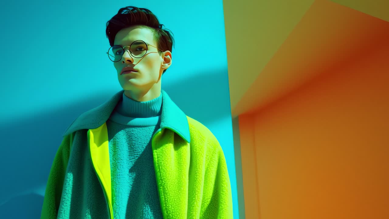 A Stylish Model Posing in Vibrant Colors: Exploring Contemporary Fashion Trends with Bright Color Palettes and Unique Textures in a Modern Aesthetic Setting