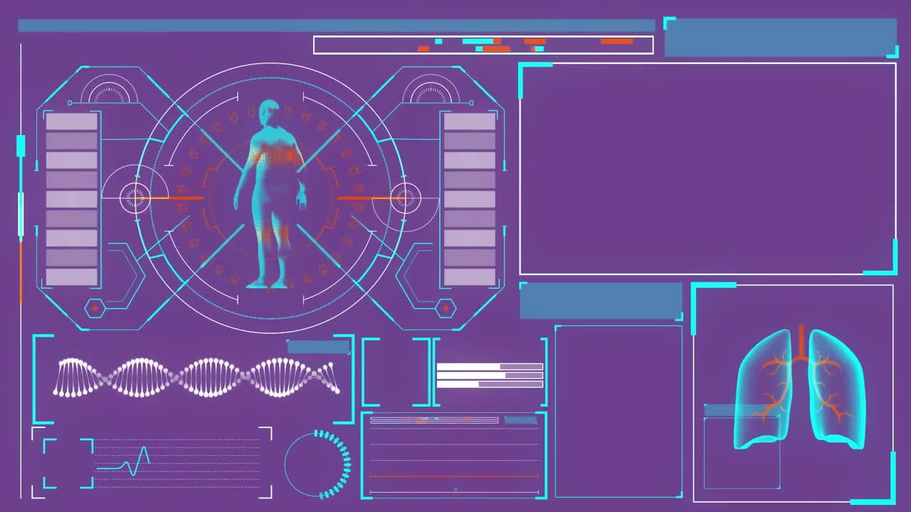 Digital animation of digital interface with medical data processing against purple background
