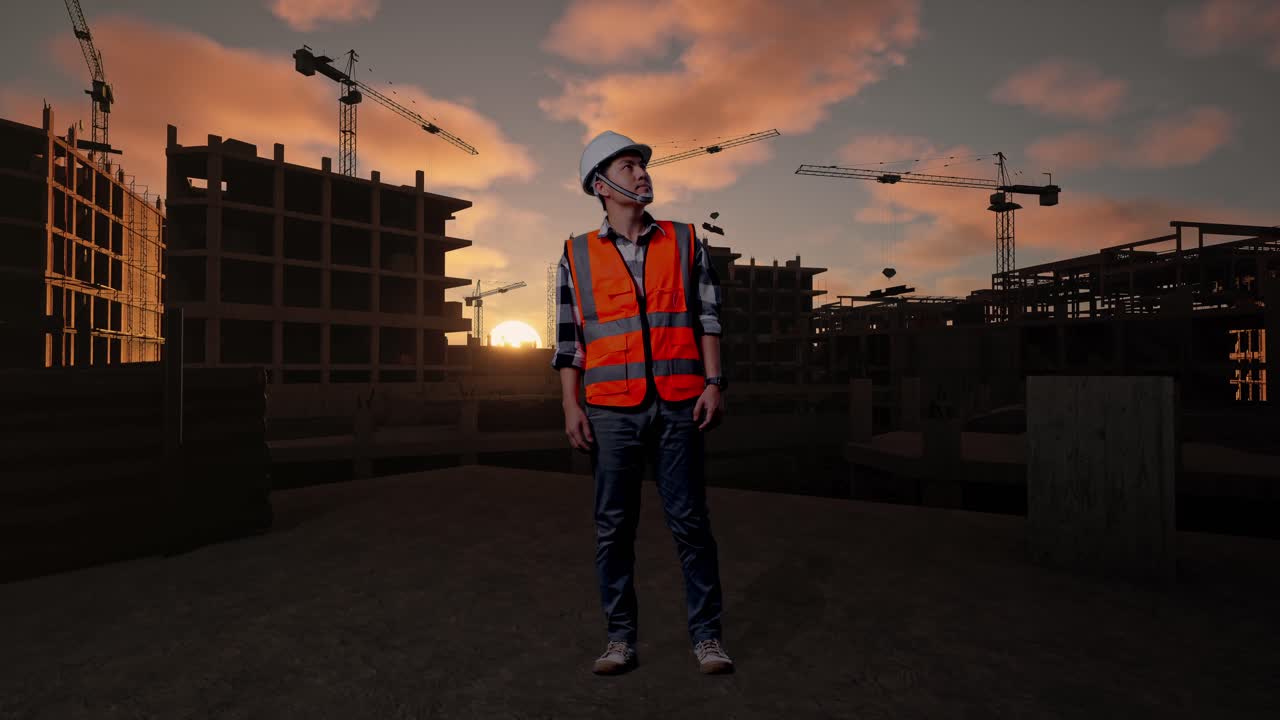 Full Body Of Asian Male Engineer With Safety Helmet Looking Around While Standing At Building & Construction Site in Progress to New House