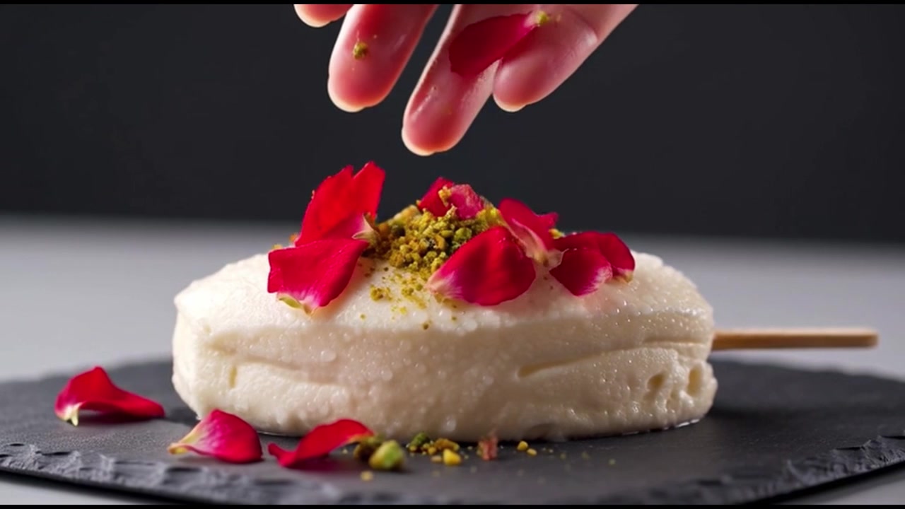 Gül yaprakları ve Antep fıstıkları ile kremalı bir tatlı barını süsleyen el