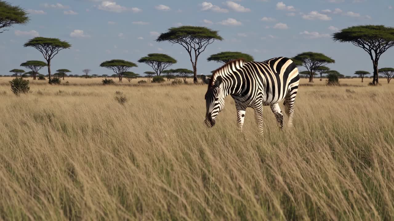 Una zebra si erge nell'erba alta in una savana africana, ripresa da un video grandangolare con un angolo basso