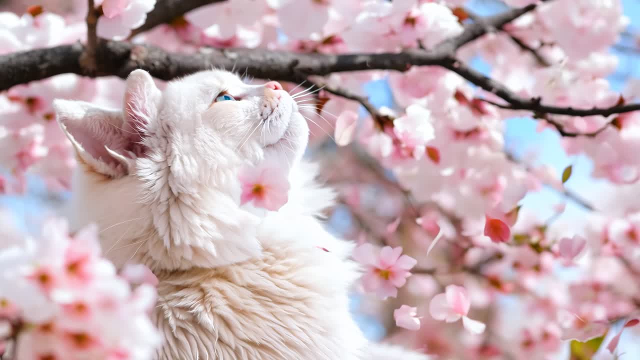 un gato blanco sentado en un árbol con flores rosas