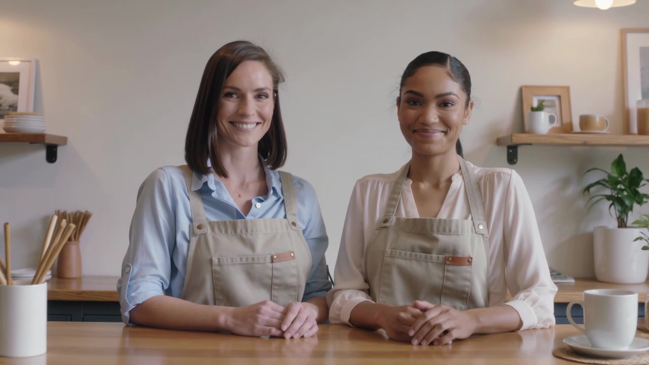 Reagindo à deixa, dois colegas de trabalho de avental sorrindo atrás do balcão do café, com uma xícara e um porta-utensílios.