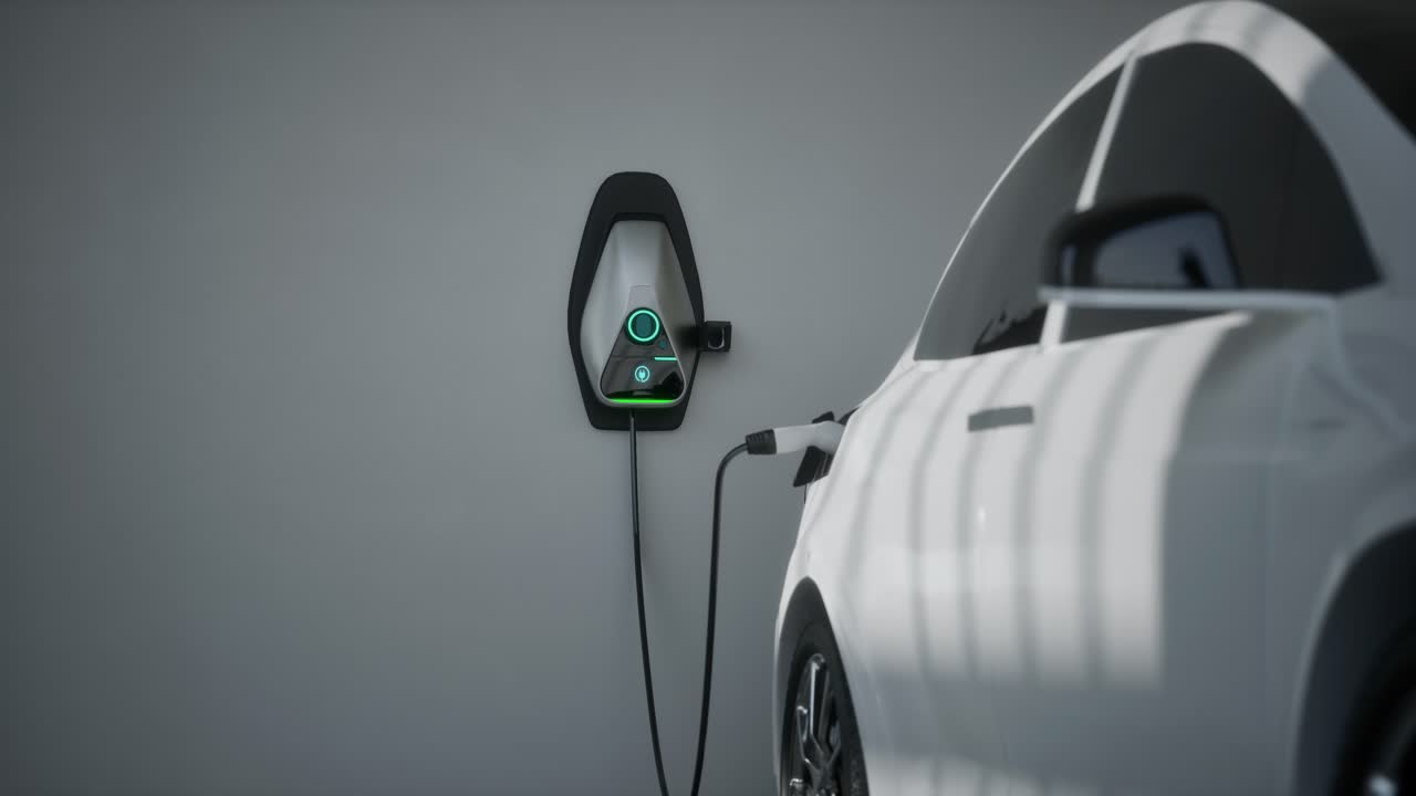 зарядка электрического автомобиля в гараже 3d-анимация