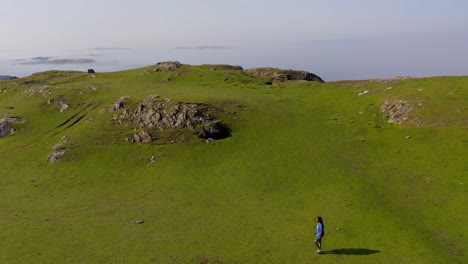 man walking on a grassy island