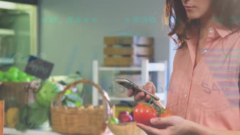 animación del procesamiento de datos financieros sobre la mujer caucásica comprando en la tienda de comestibles.