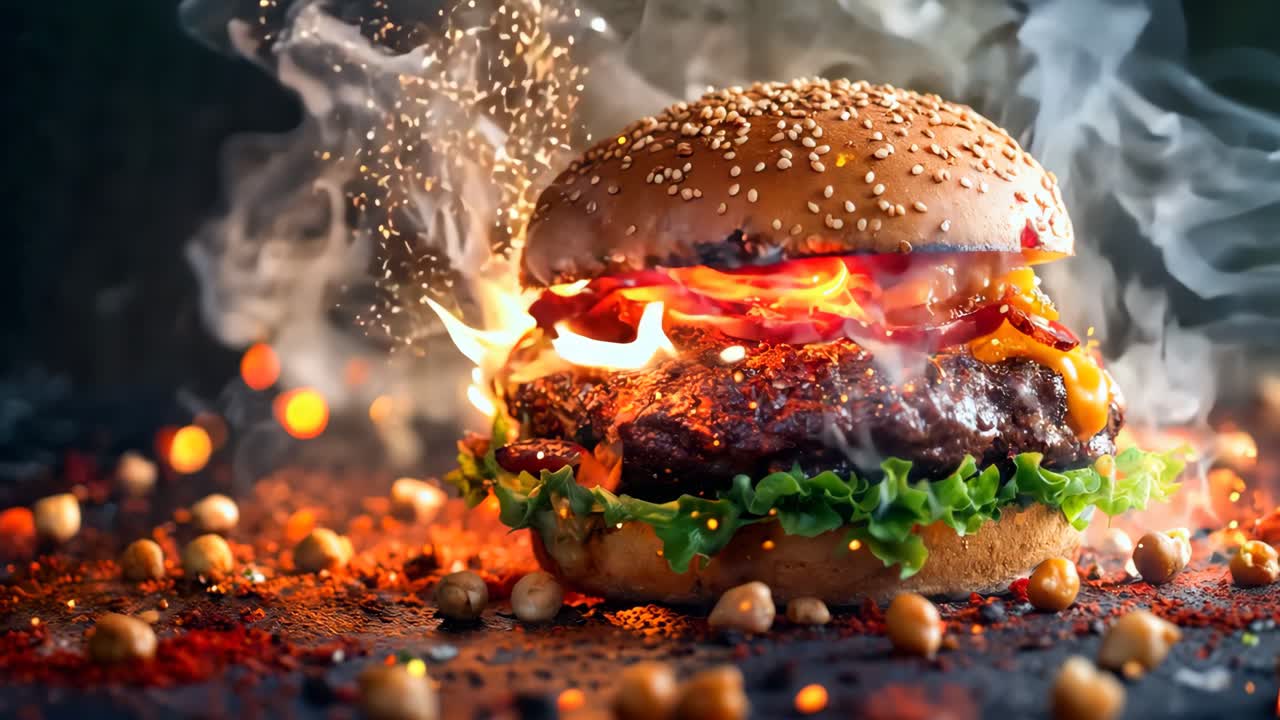 una hamburguesa con llamas y humo saliendo de ella